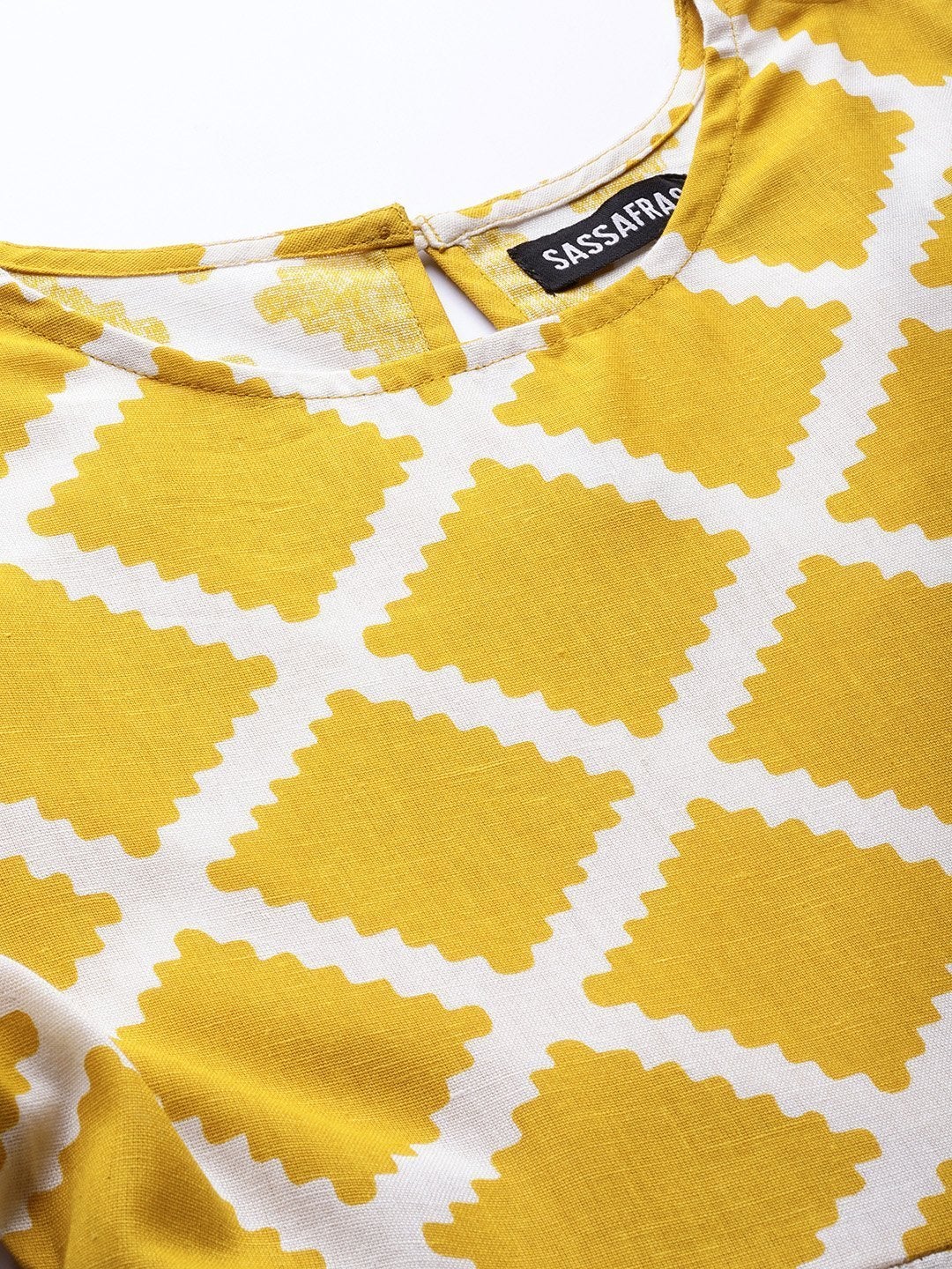 Women's Mustard Diamond Print Gathered Dress