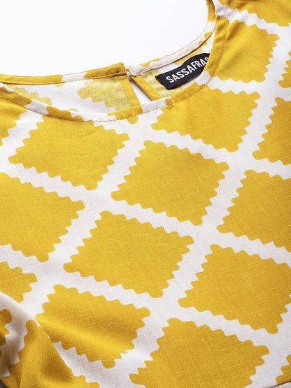 Women's Mustard Diamond Print Gathered Dress