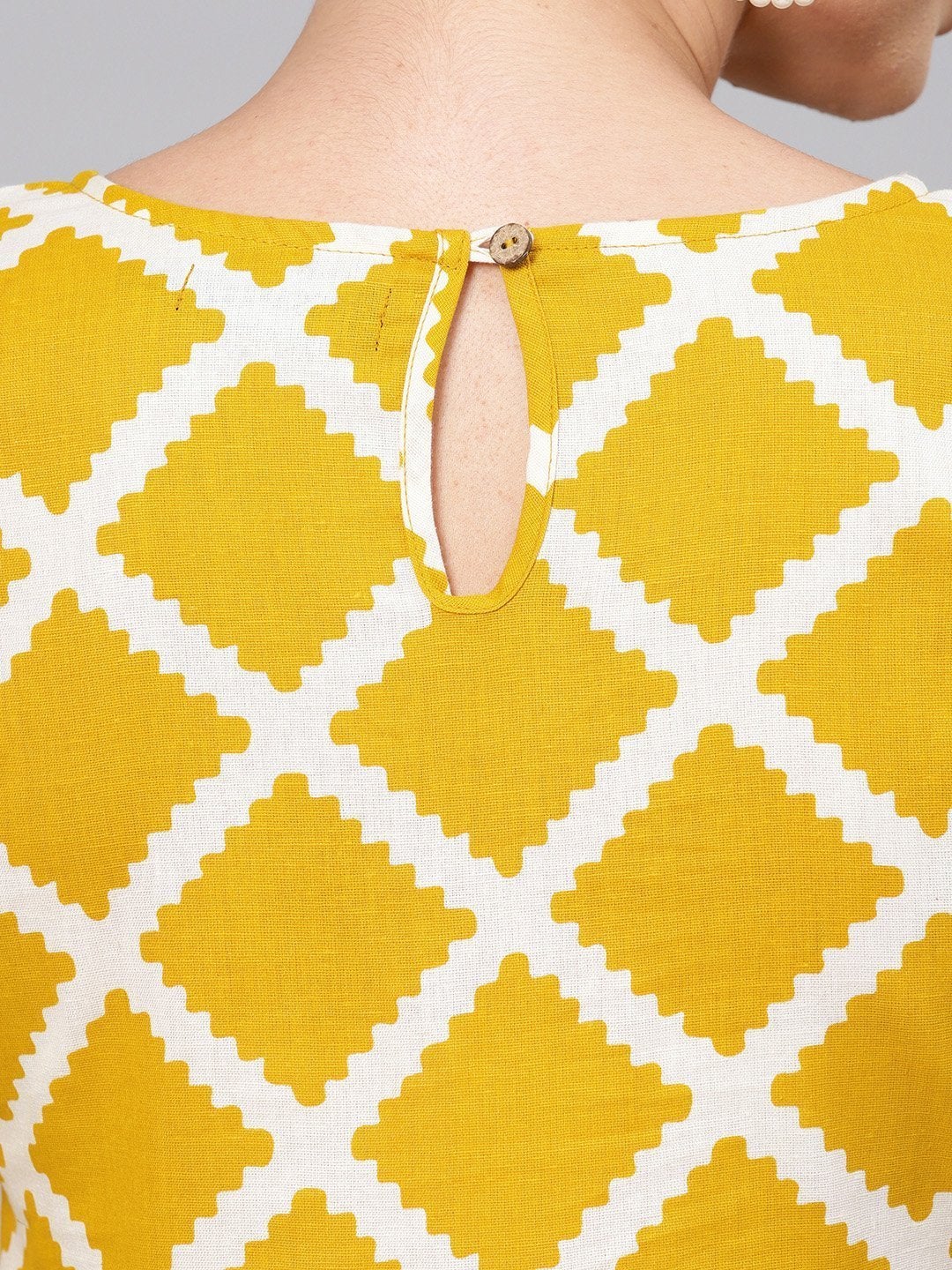 Women's Mustard Diamond Print Gathered Dress