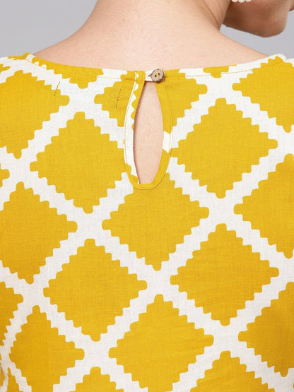 Women's Mustard Diamond Print Gathered Dress
