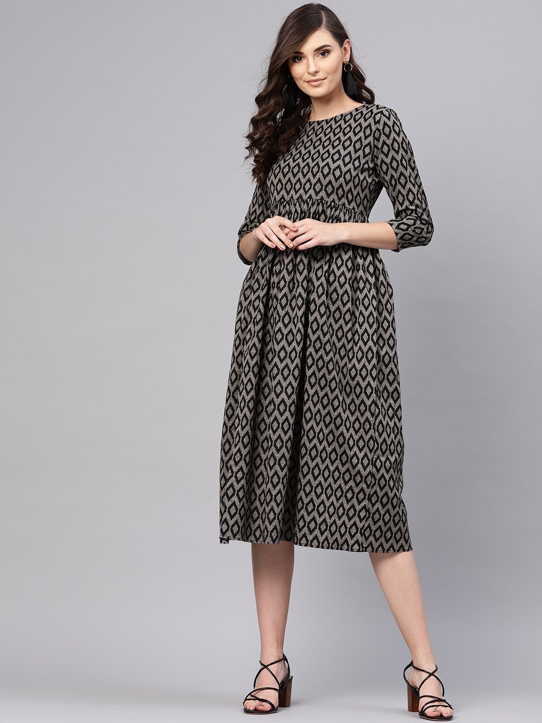 Women's Black Ikat Gathered Dress