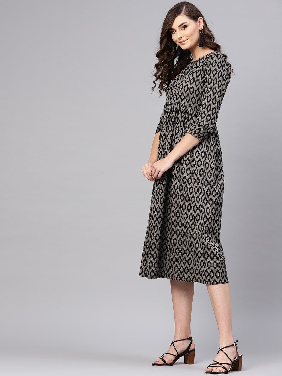 Women's Black Ikat Gathered Dress