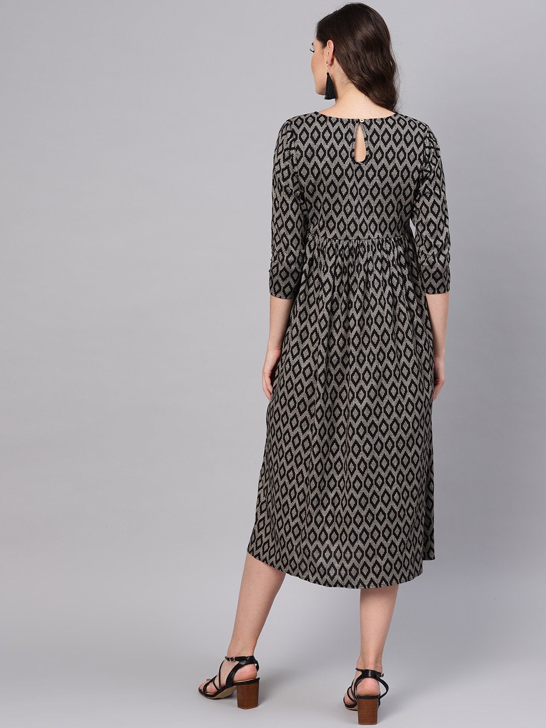 Women's Black Ikat Gathered Dress