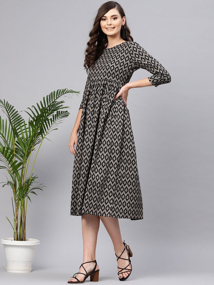 Women's Black Ikat Gathered Dress