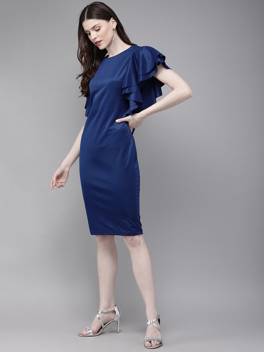 Women's Royal Blue Flared Sleeve Bodycon Scuba Dress