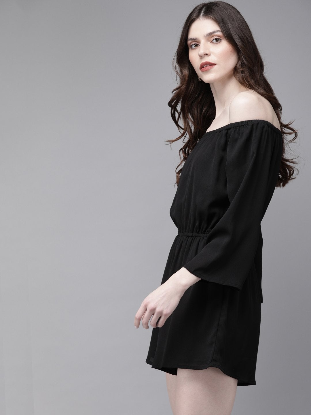 Women's Black Off Shoulder Skater Midi Dress