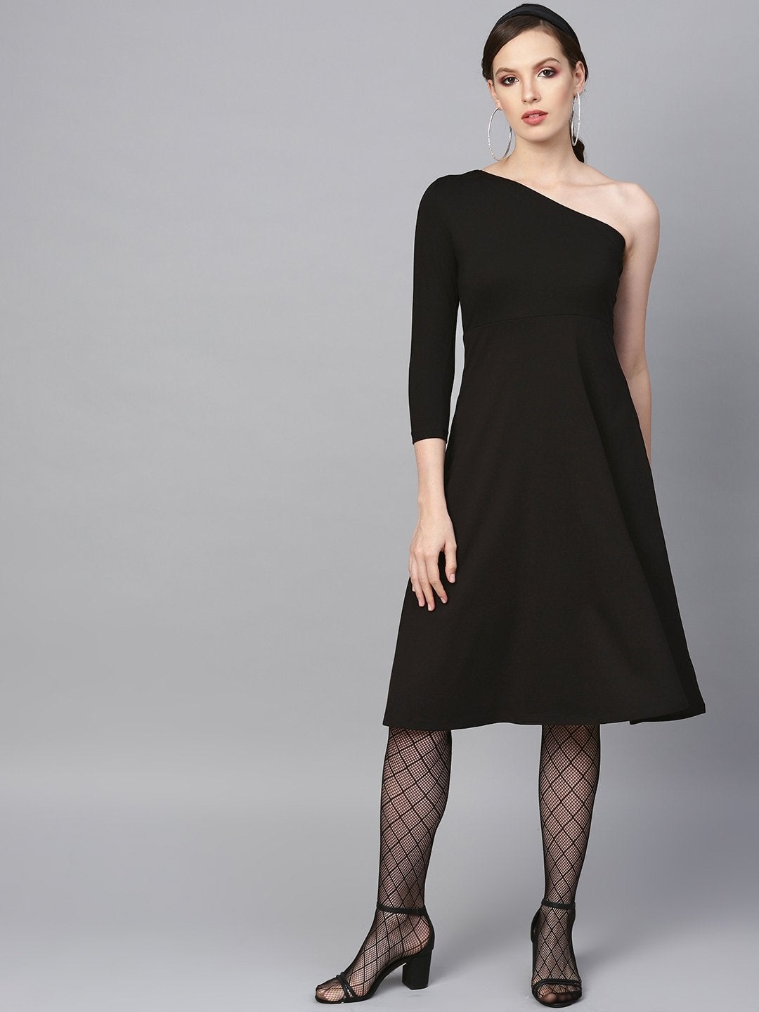 Women's Black One Shoulder Skater Midi Dress