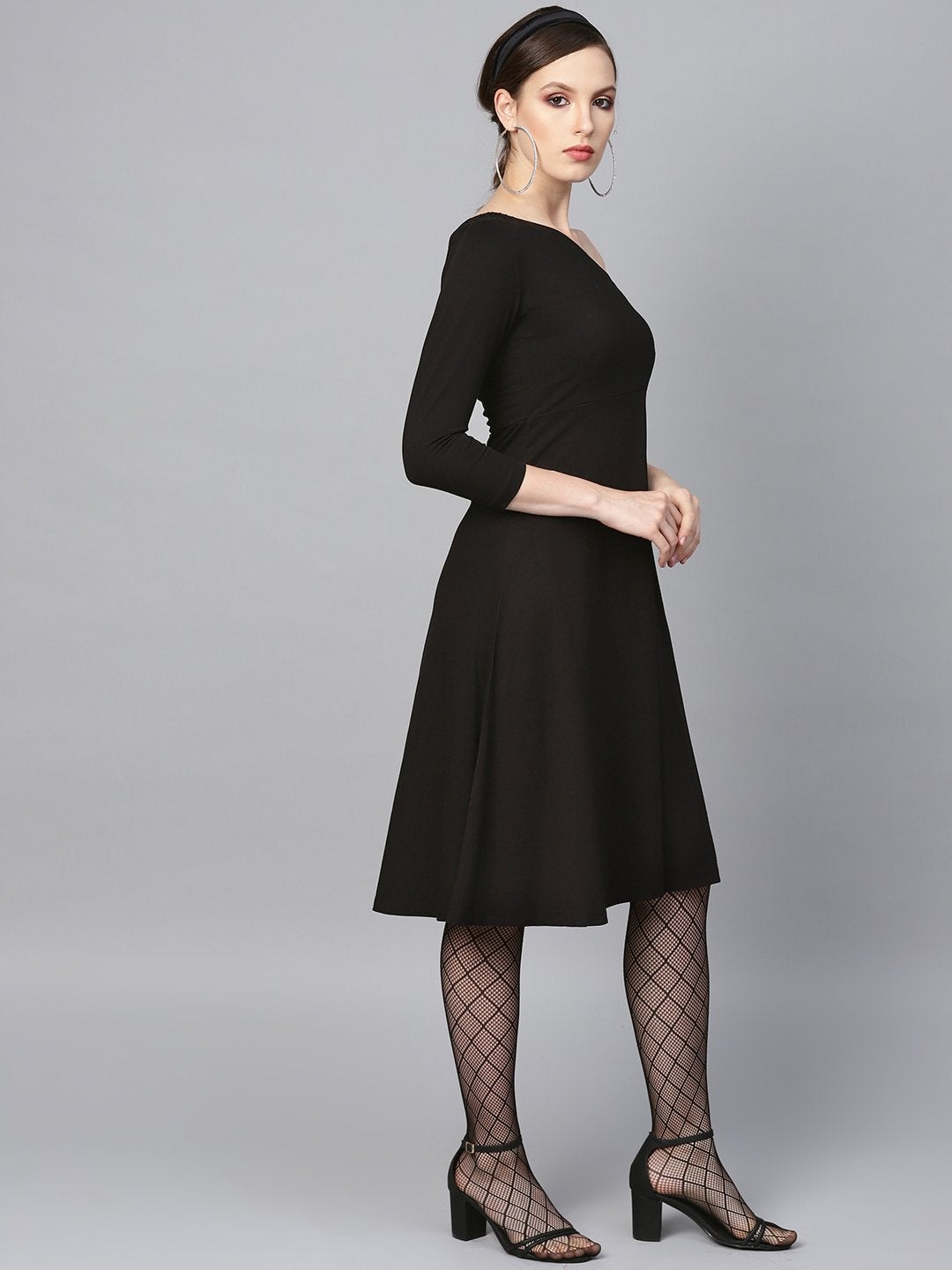 Women's Black One Shoulder Skater Midi Dress