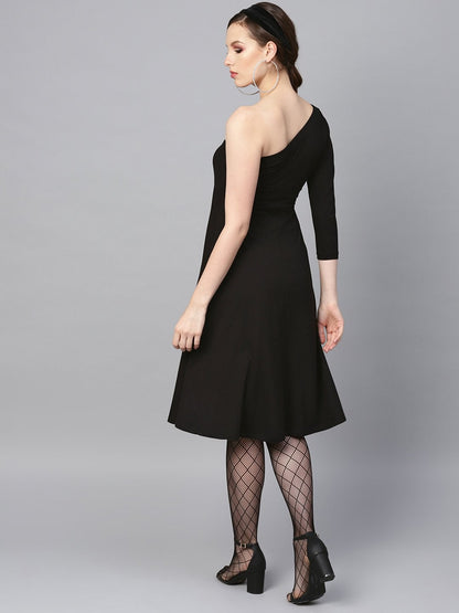 Women's Black One Shoulder Skater Midi Dress