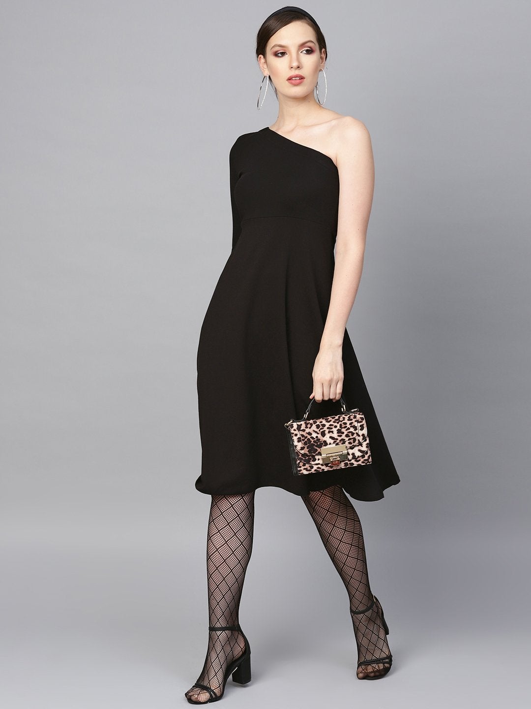 Women's Black One Shoulder Skater Midi Dress