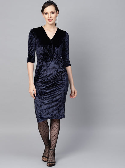 Women's Navy Velvet Wrap Bodycon Dress