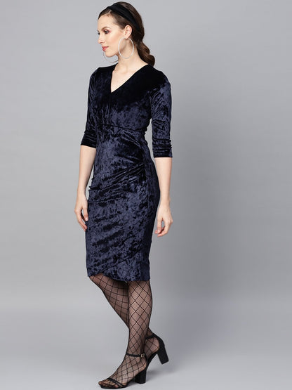 Women's Navy Velvet Wrap Bodycon Dress