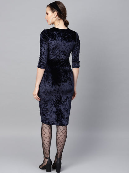 Women's Navy Velvet Wrap Bodycon Dress