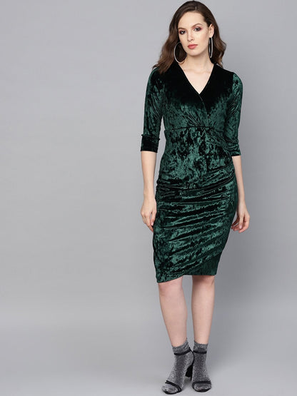 Women's Emerald Green Velvet Wrap Bodycon Dress