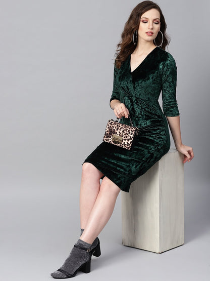 Women's Emerald Green Velvet Wrap Bodycon Dress