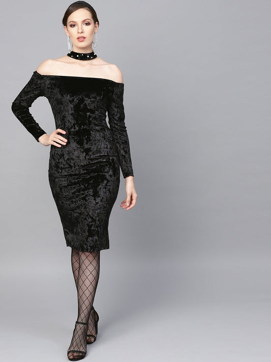 Women's Black Velvet Choker Bodycon Dress