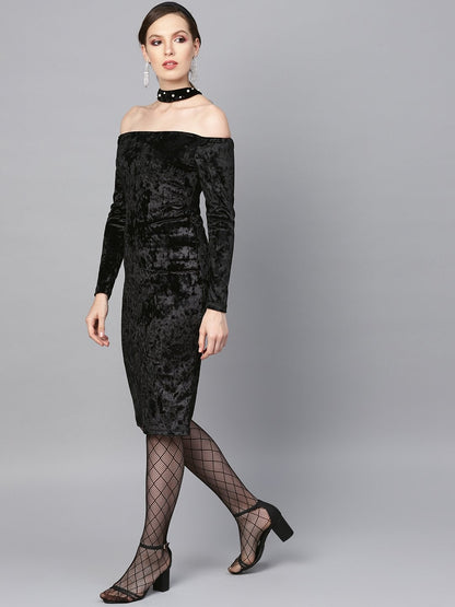 Women's Black Velvet Choker Bodycon Dress