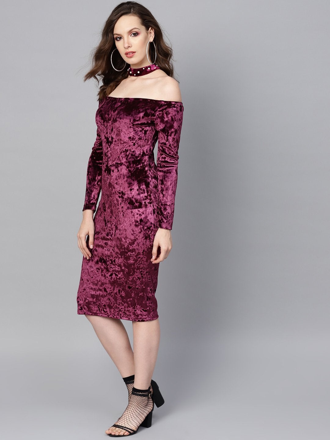 Women's Purple Velvet Choker Bodycon Dress