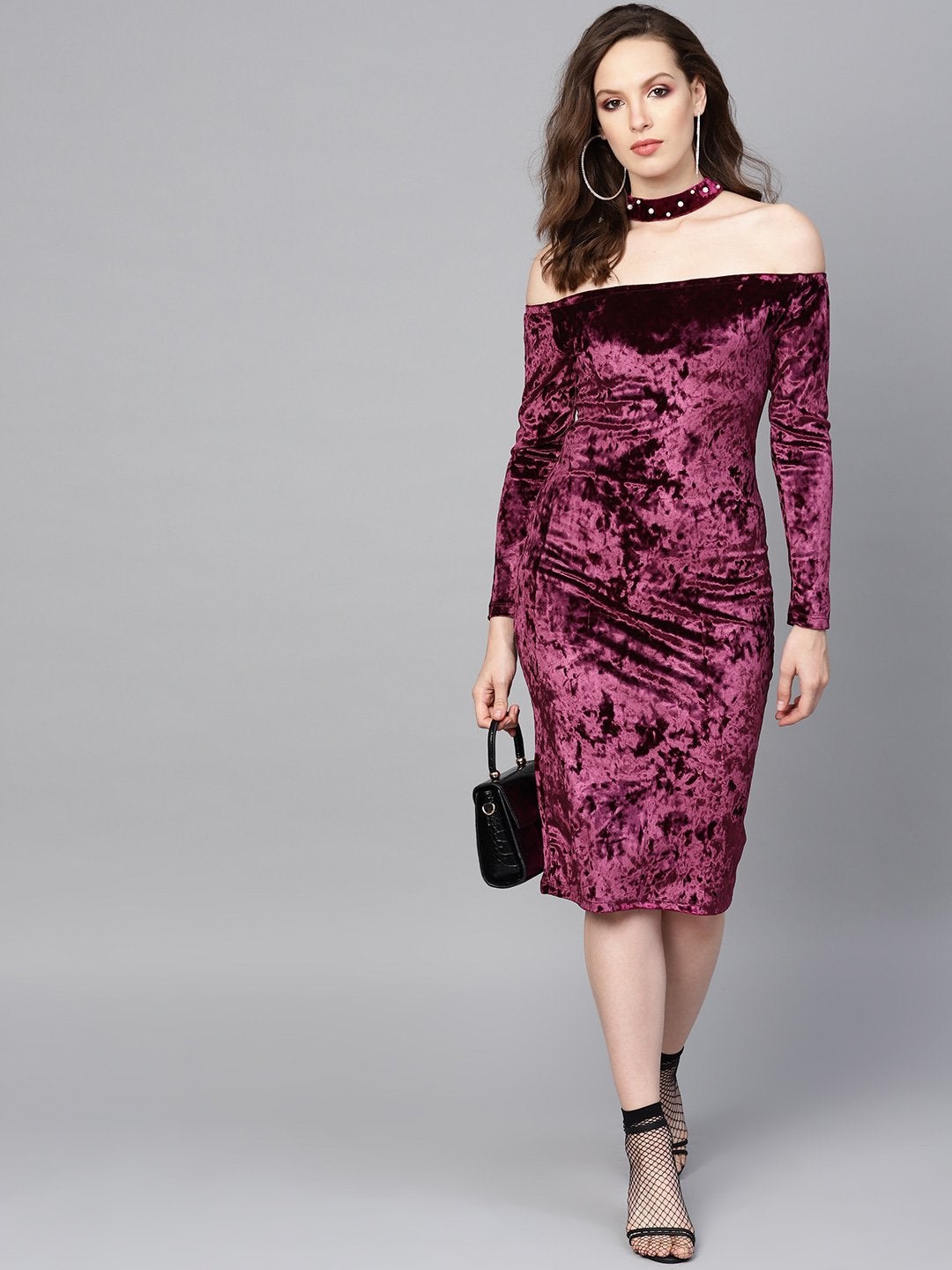 Women's Purple Velvet Choker Bodycon Dress