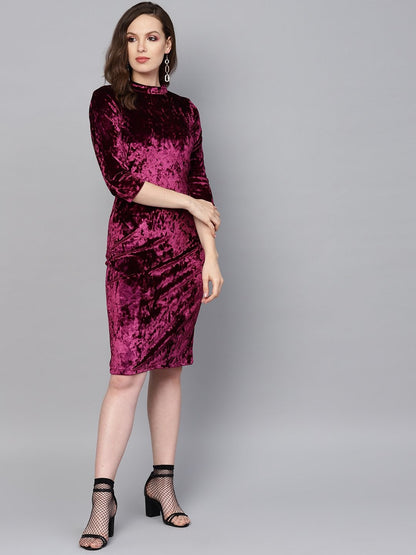 Women's Purple Velvet Back Knot Bodycon Dress
