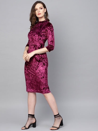 Women's Purple Velvet Back Knot Bodycon Dress