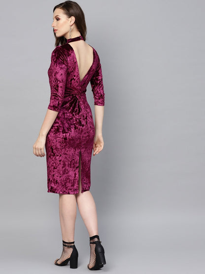 Women's Purple Velvet Back Knot Bodycon Dress