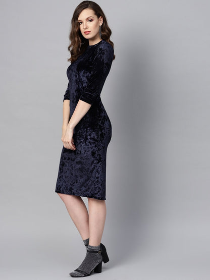 Women's Navy Velvet Back Knot Bodycon Dress