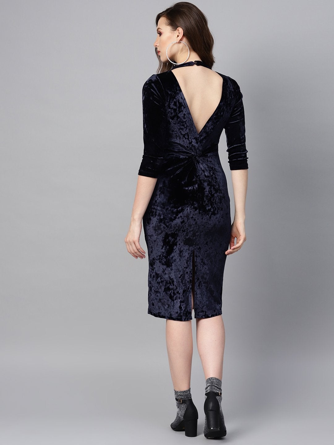 Women's Navy Velvet Back Knot Bodycon Dress