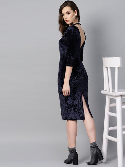 Women's Navy Velvet Back Knot Bodycon Dress
