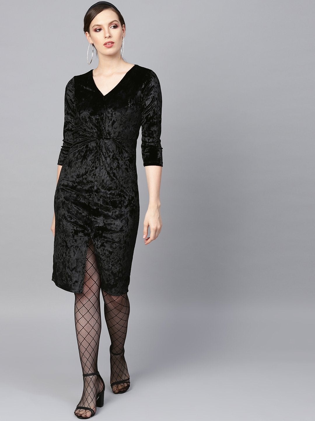 Women's Black Velvet Front Knot Bodycon Dress