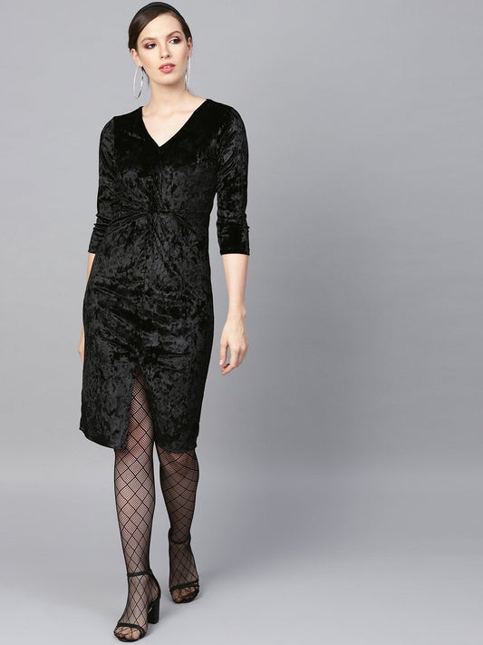 Women's Black Velvet Front Knot Bodycon Dress