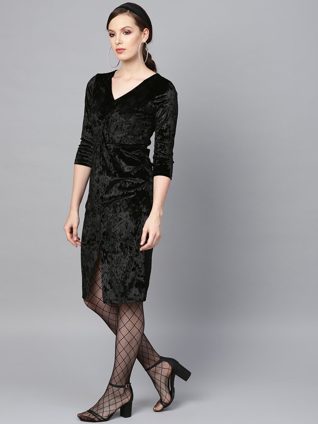 Women's Black Velvet Front Knot Bodycon Dress