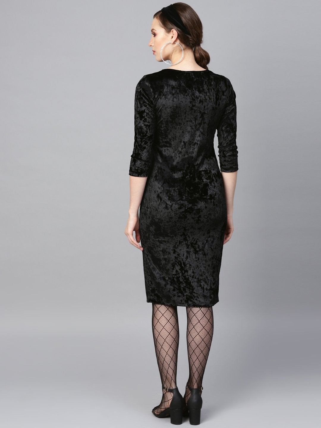 Women's Black Velvet Front Knot Bodycon Dress