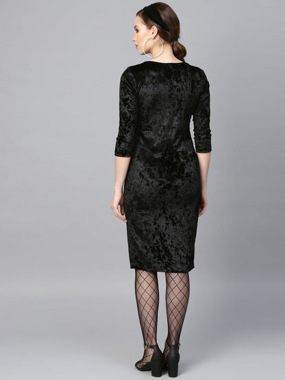 Women's Black Velvet Front Knot Bodycon Dress