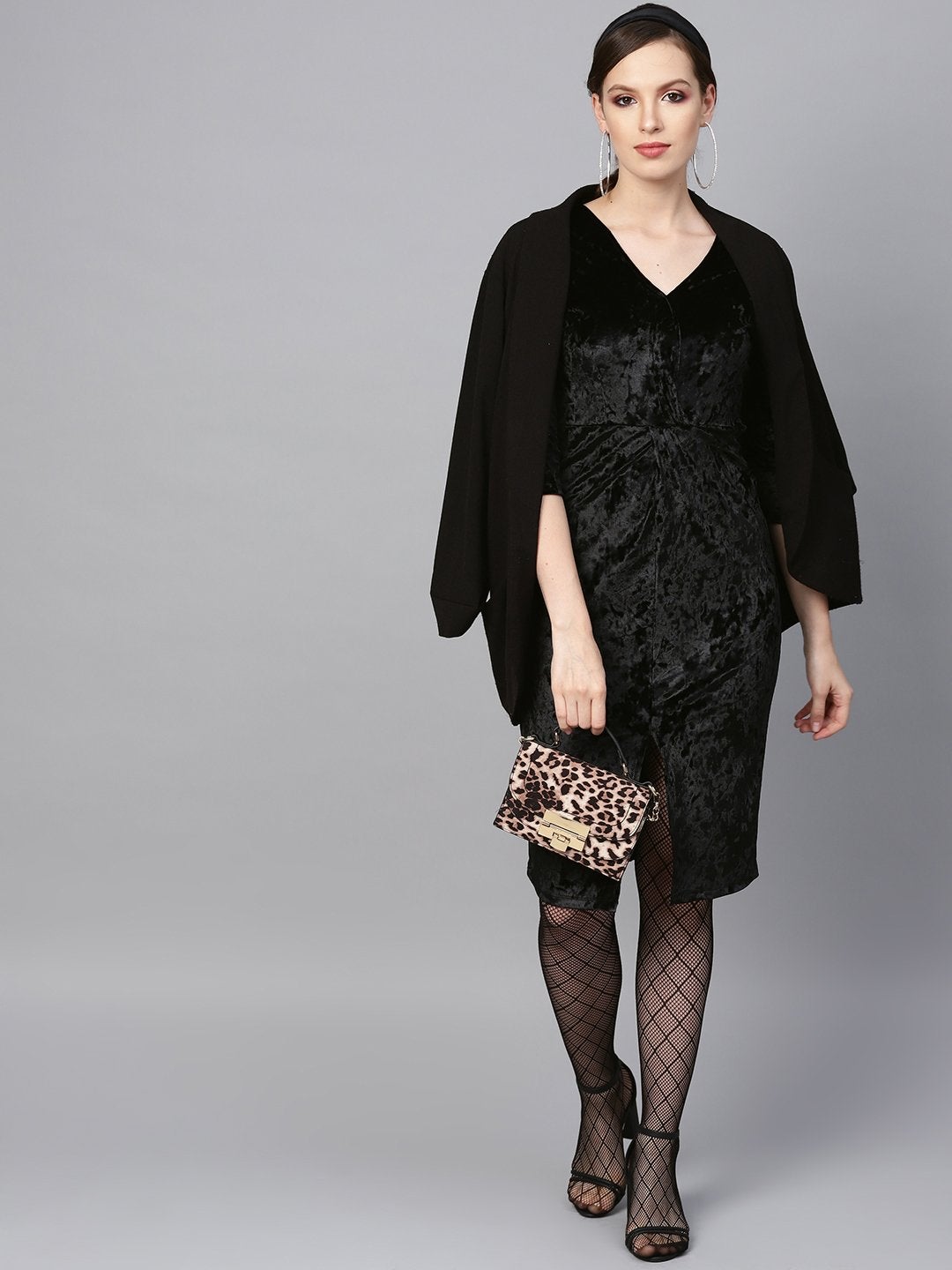 Women's Black Velvet Front Knot Bodycon Dress