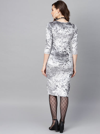 Women's Grey Velvet Front Knot Bodycon Dress