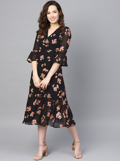 Women's Black Floral Wrap Tie Dress