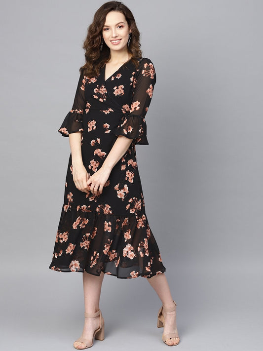 Women's Black Floral Wrap Tie Dress