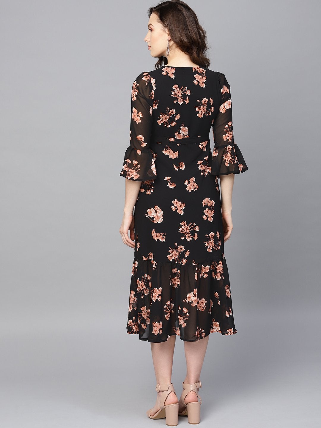 Women's Black Floral Wrap Tie Dress