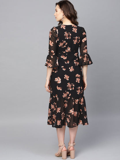 Women's Black Floral Wrap Tie Dress