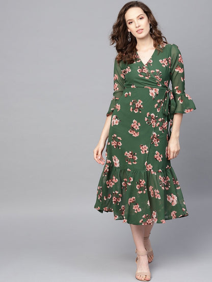Women's Green Floral Wrap Tie Dress