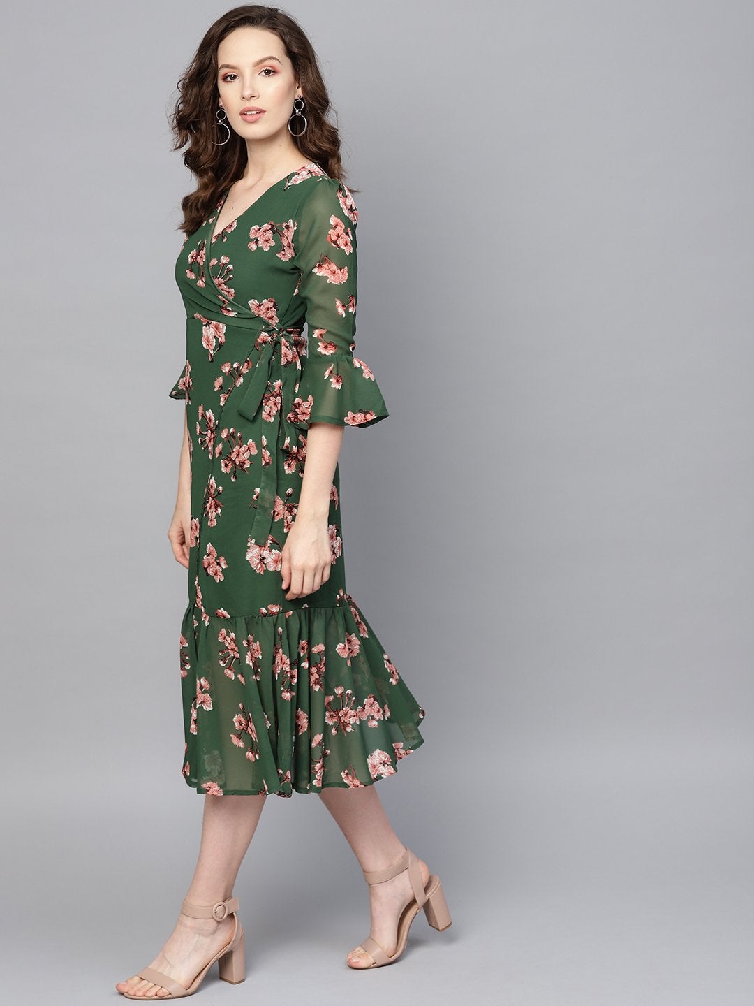 Women's Green Floral Wrap Tie Dress