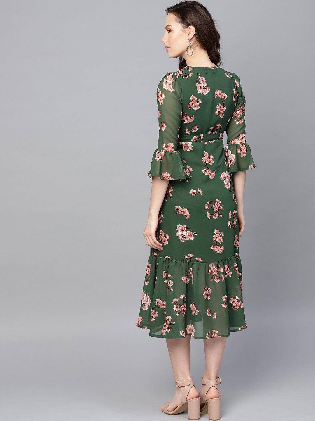 Women's Green Floral Wrap Tie Dress