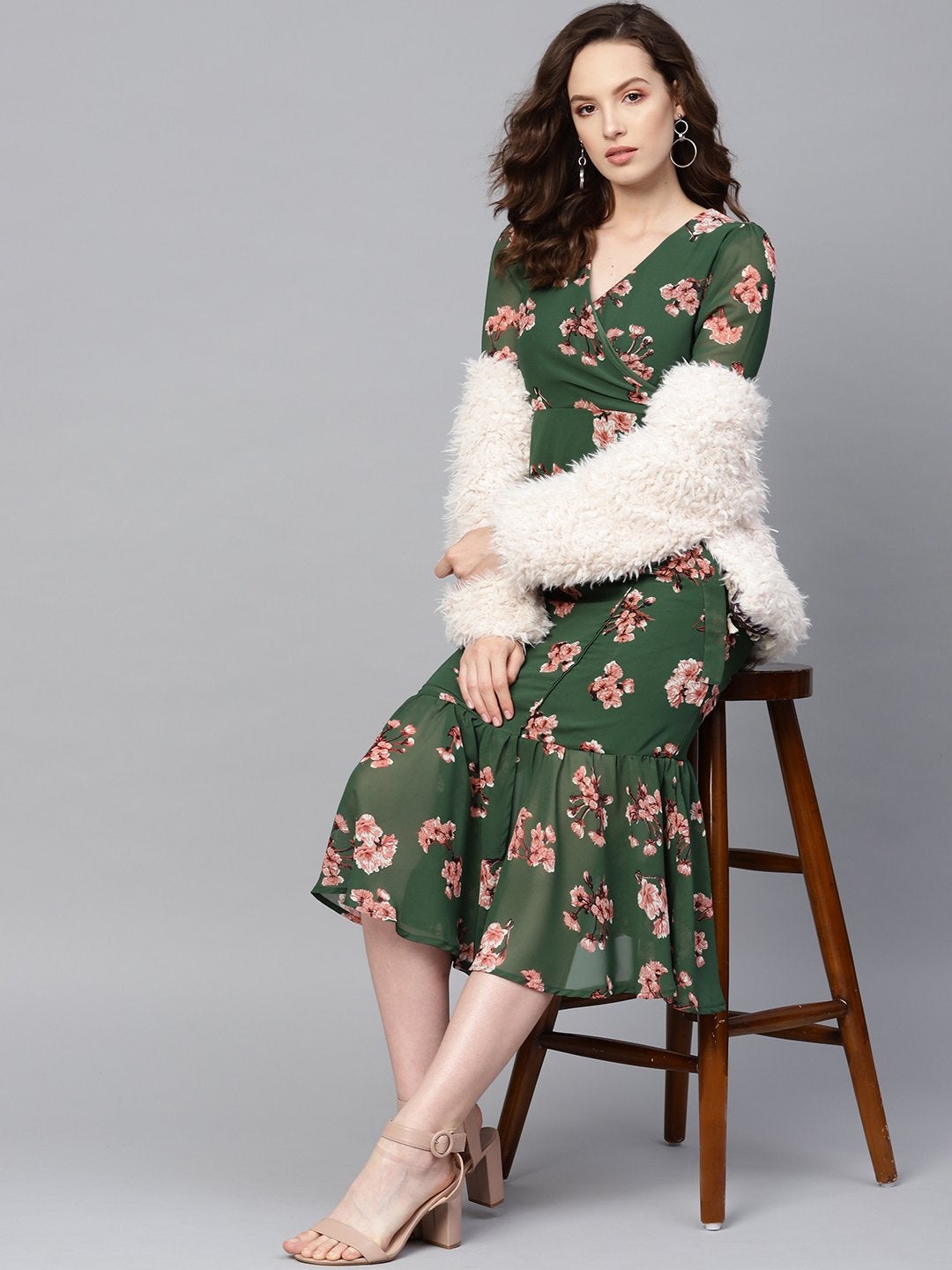 Women's Green Floral Wrap Tie Dress