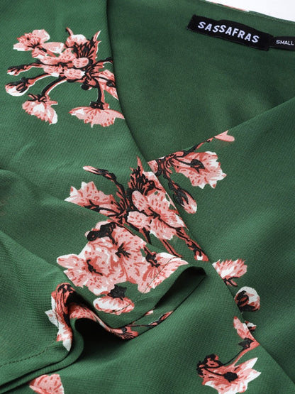 Women's Green Floral Wrap Tie Dress