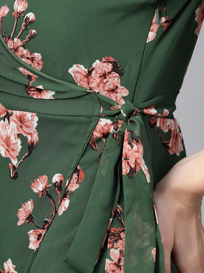 Women's Green Floral Wrap Tie Dress