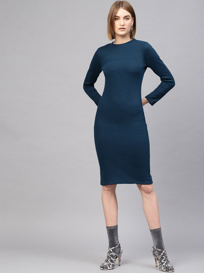 Women's Teal Rib Full Sleeves Bodycon Dress