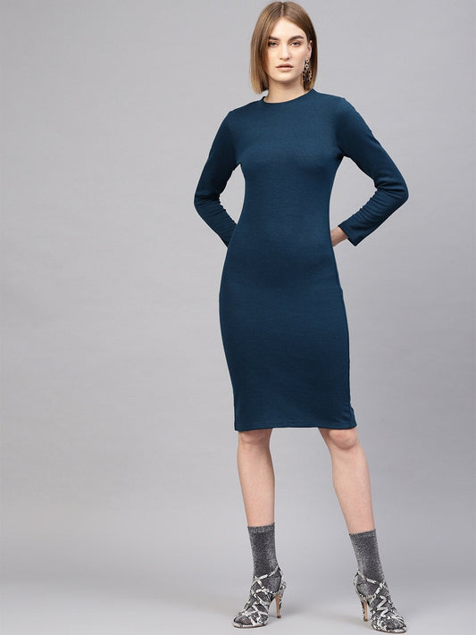 Women's Teal Rib Full Sleeves Bodycon Dress