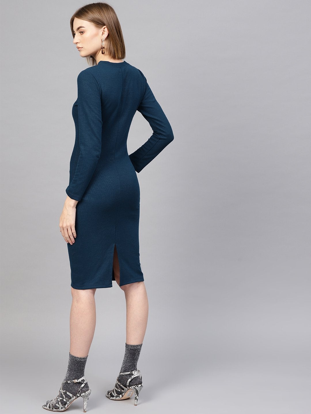 Women's Teal Rib Full Sleeves Bodycon Dress