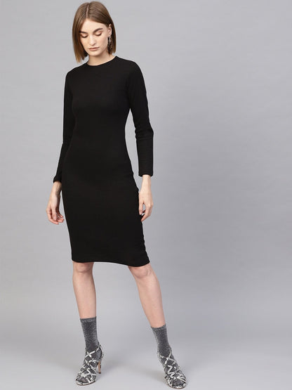 Women's Black Rib Full Sleeves Bodycon Dress